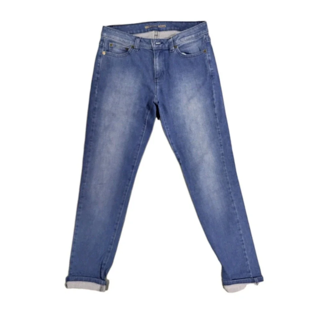 Michael Kors Boyfriend Blue Jeans with Gold Monogram Hardware Sz 2